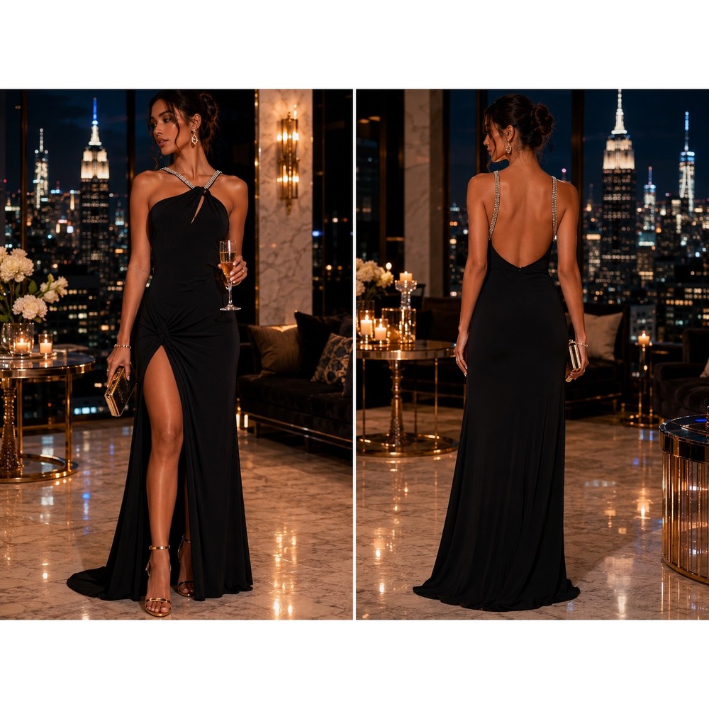 Caché Gown Medium Black Excellent Rhinestone Halter One Shoulder High Slit